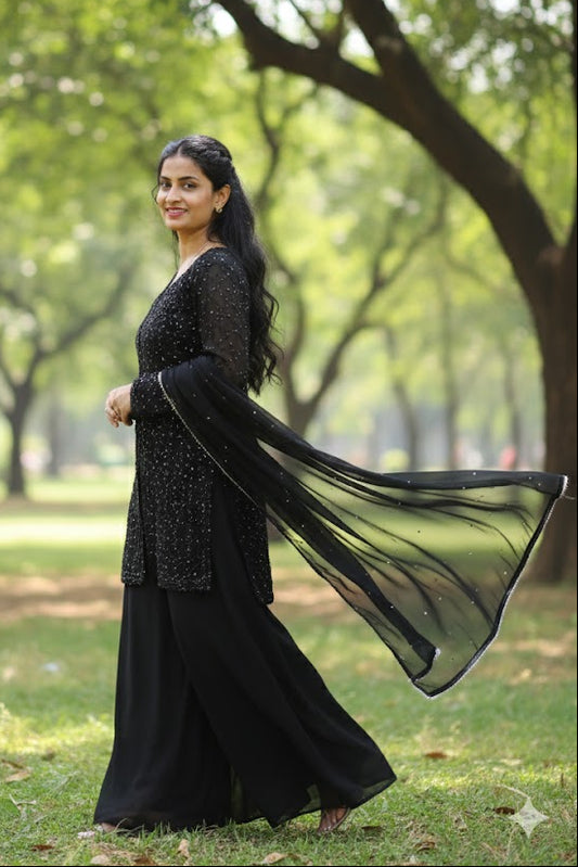 Black Celestial Shine 2-Piece Organza Embroidered Suit For Women & Girls