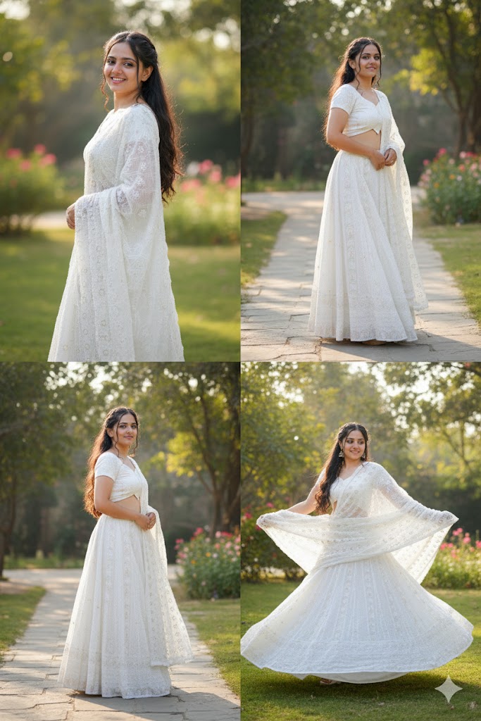 White Embroidered Crop Top And Flowing Skirt Set With Matching Dupatta For Women & Girls