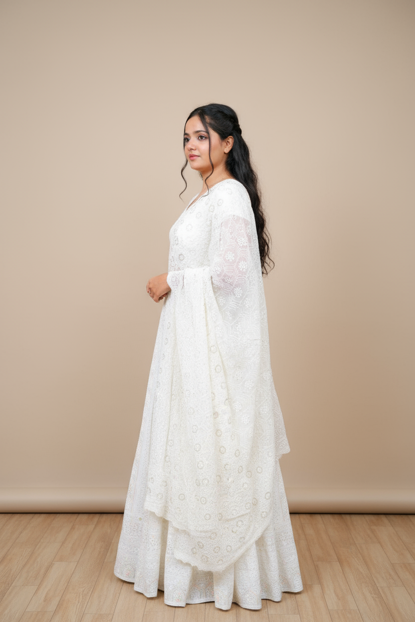White Embroidered Crop Top And Flowing Skirt Set With Matching Dupatta For Women & Girls