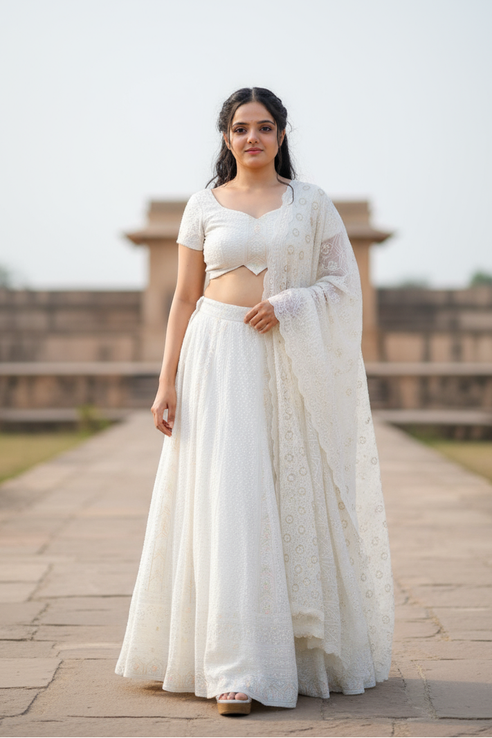 White Embroidered Crop Top And Flowing Skirt Set With Matching Dupatta For Women & Girls