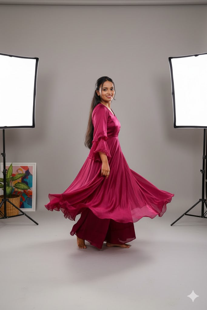 Pink Layered Ensemble With High-Low Hem And Wide-Leg Pants Gown For Women & Girls