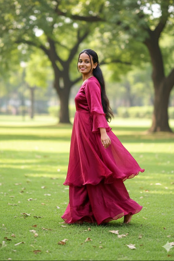 Pink Layered Ensemble With High-Low Hem And Wide-Leg Pants Gown For Women & Girls