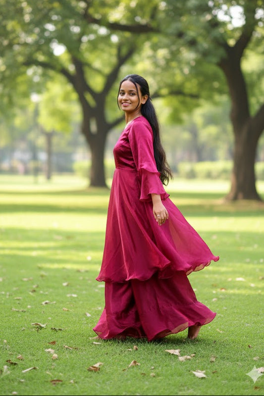 Pink Layered Ensemble With High-Low Hem And Wide-Leg Pants Gown For Women & Girls