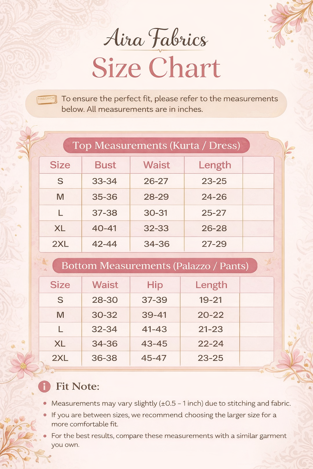 Aira Fabrics size chart for kurta and palazzo pants with measurements in inches.