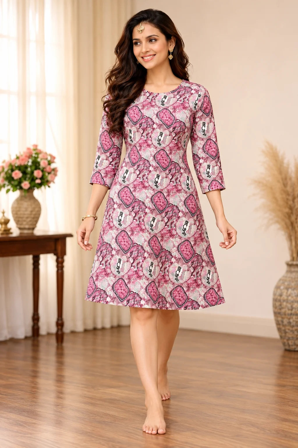 A woman modeling a knee-length pink and white printed kurta with three-quarter sleeves in a warm, neutral-toned indoor setting.
