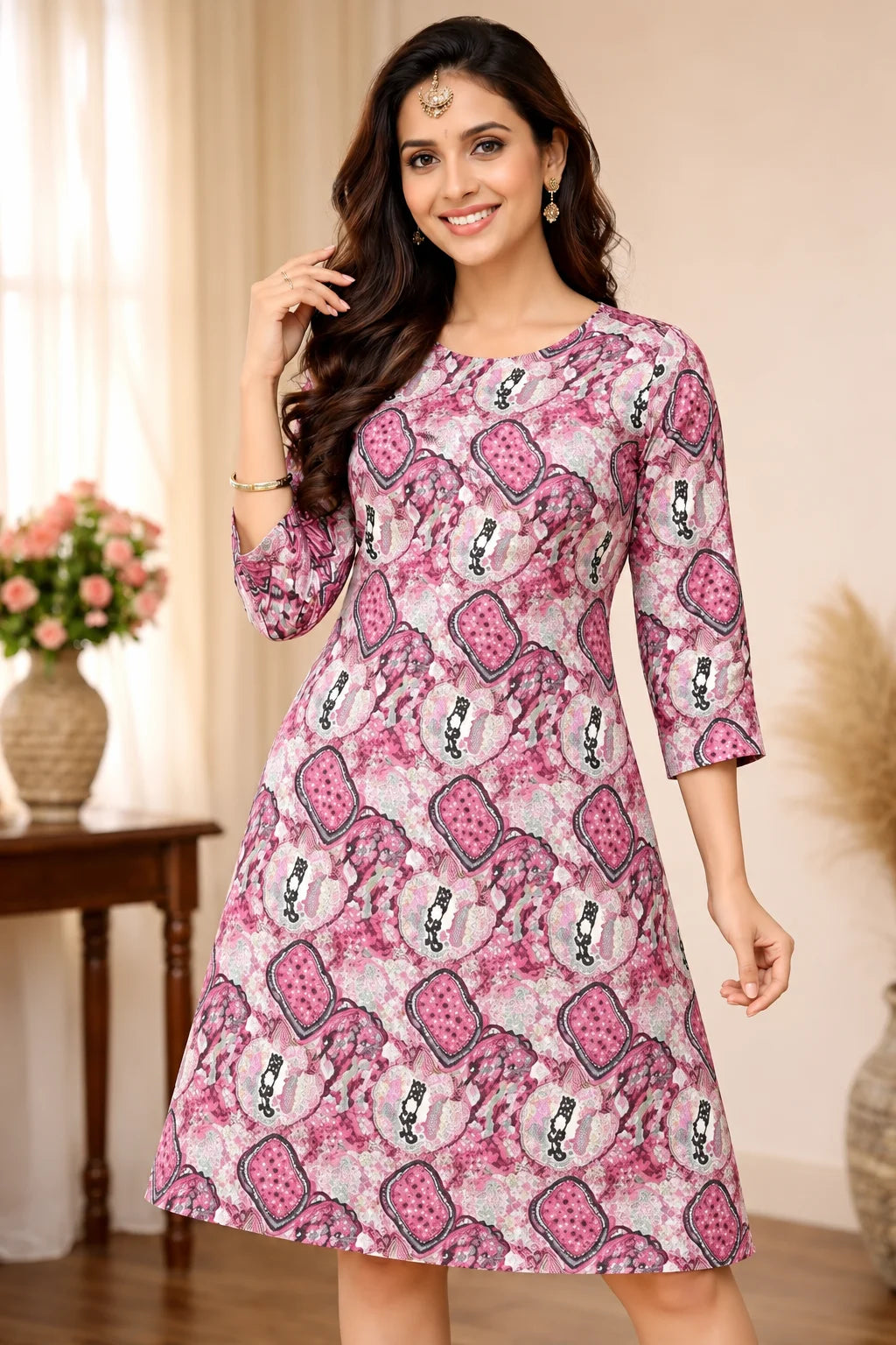 A woman modeling a pink and white printed kurta dress with three-quarter sleeves in an indoor setting with a wooden table and flowers in the background.