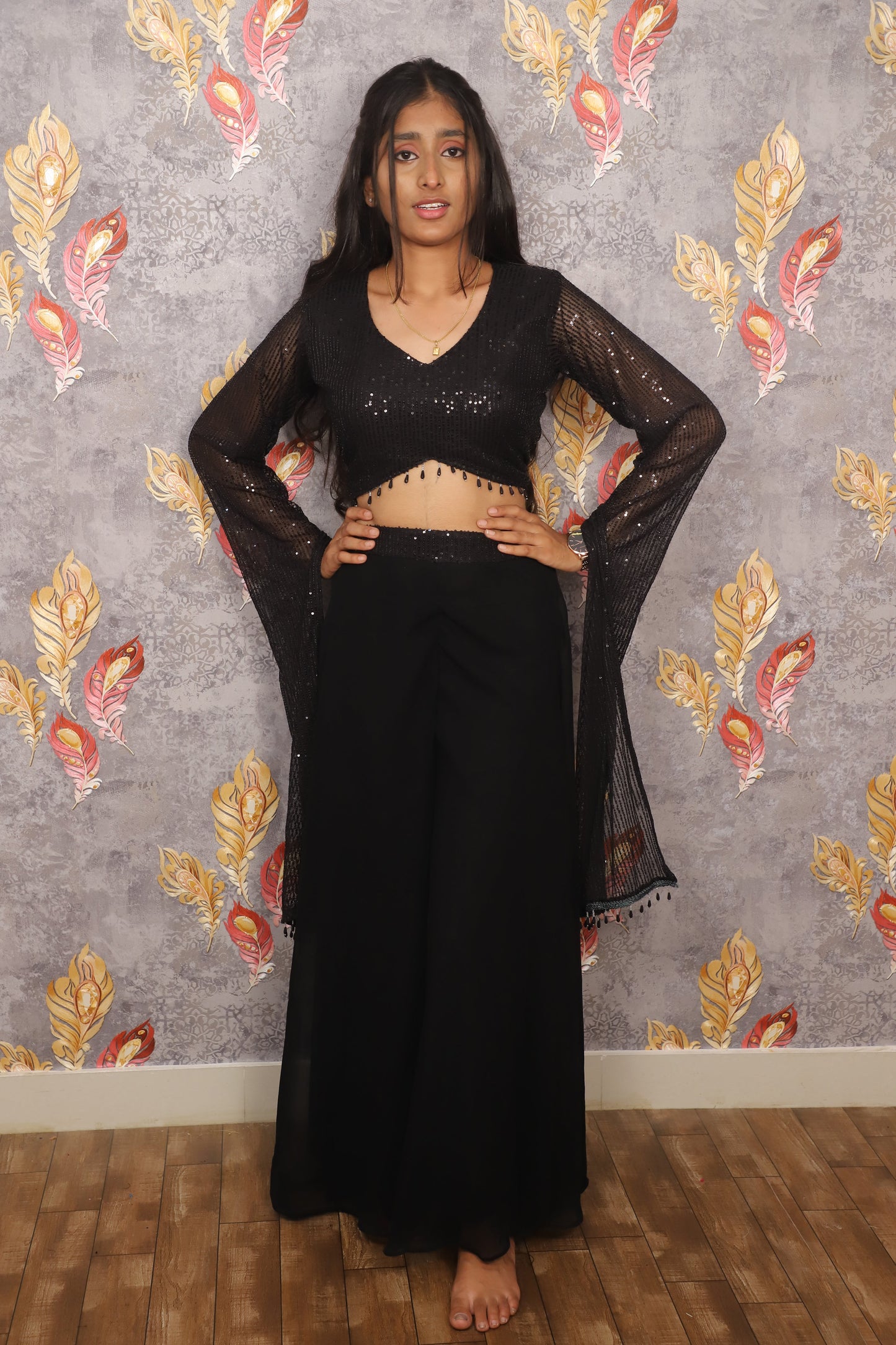 Black Faux Georgette Sequins Embroidered Crop Top For Women & Girls
