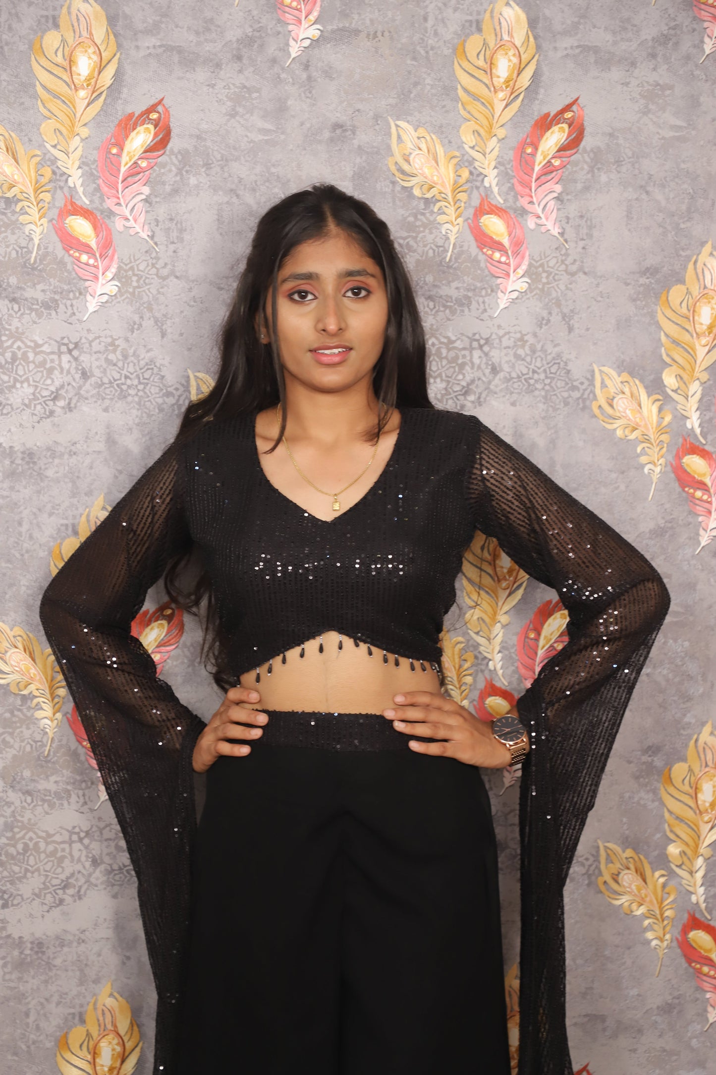Black Faux Georgette Sequins Embroidered Crop Top For Women & Girls