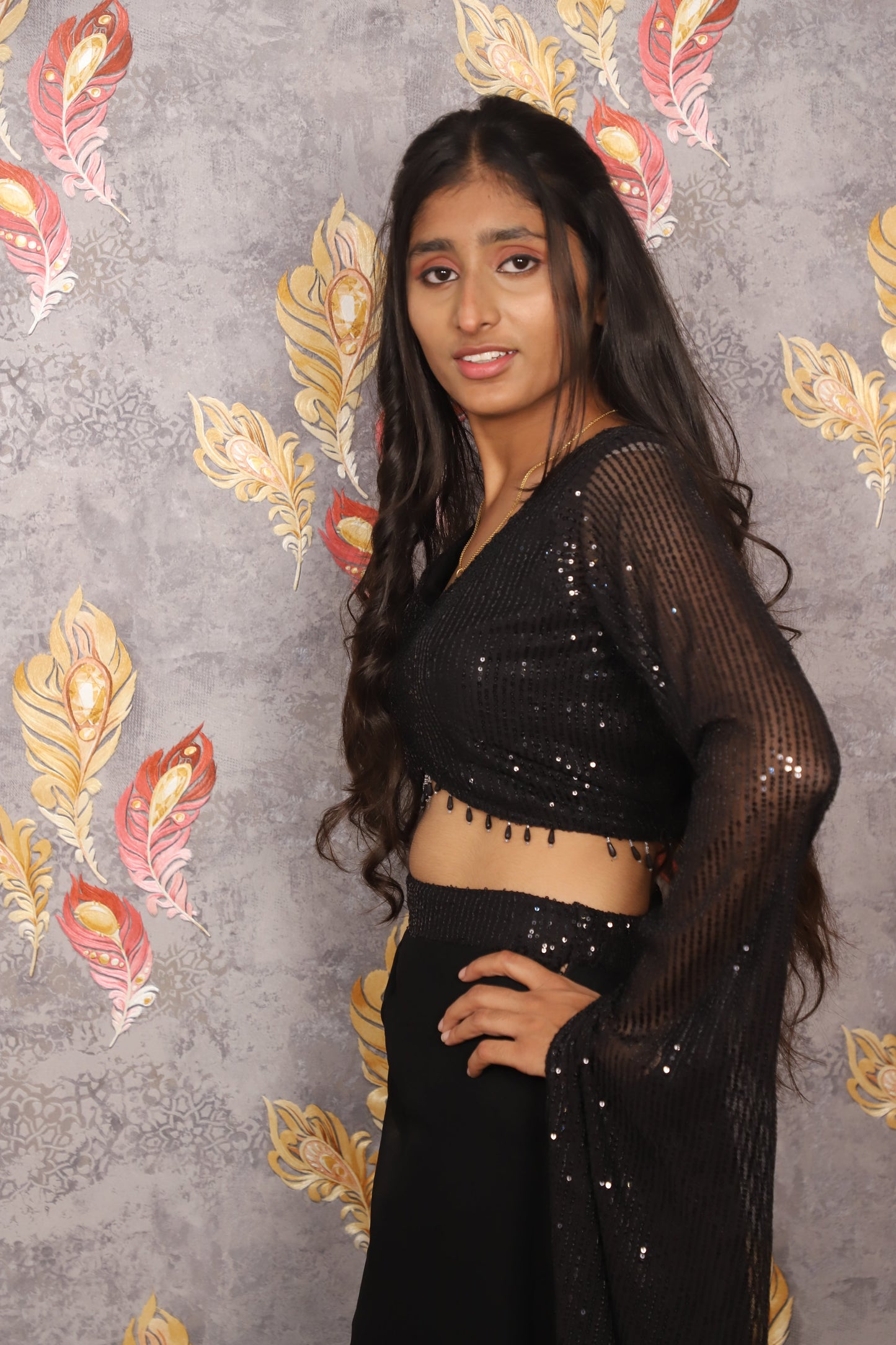 Black Faux Georgette Sequins Embroidered Crop Top For Women & Girls