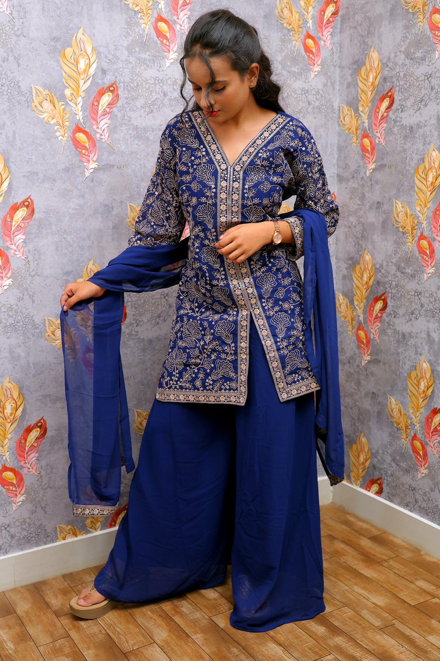 Dark Blue Crop Top With Silver And Gold Embroidered Design For Women & Girls