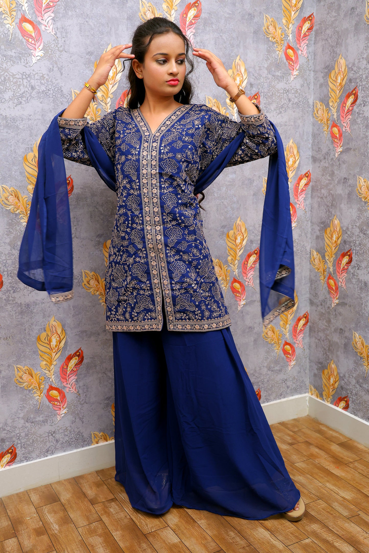 Dark Blue Crop Top With Silver And Gold Embroidered Design For Women & Girls