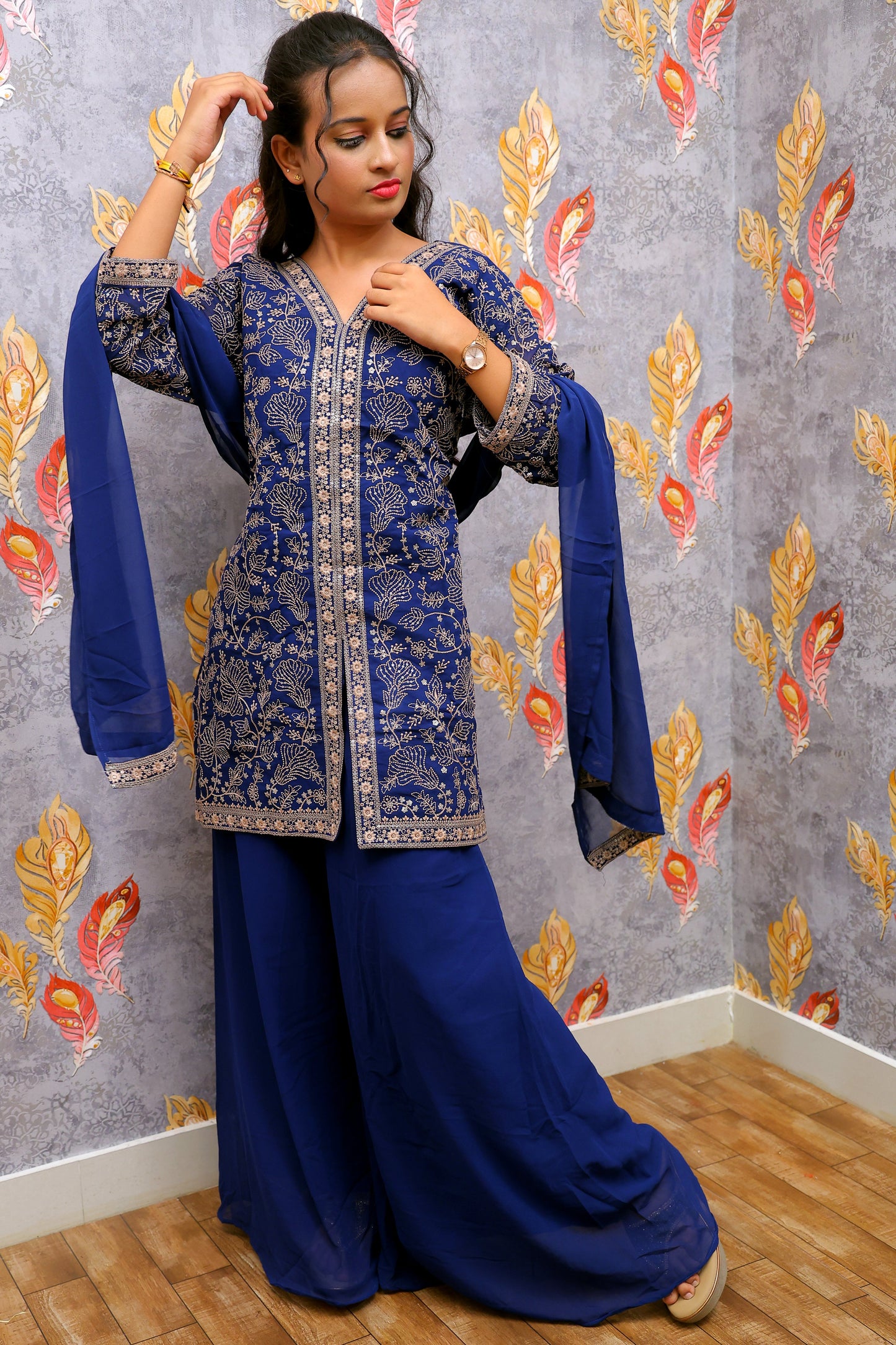 Dark Blue Crop Top With Silver And Gold Embroidered Design For Women & Girls