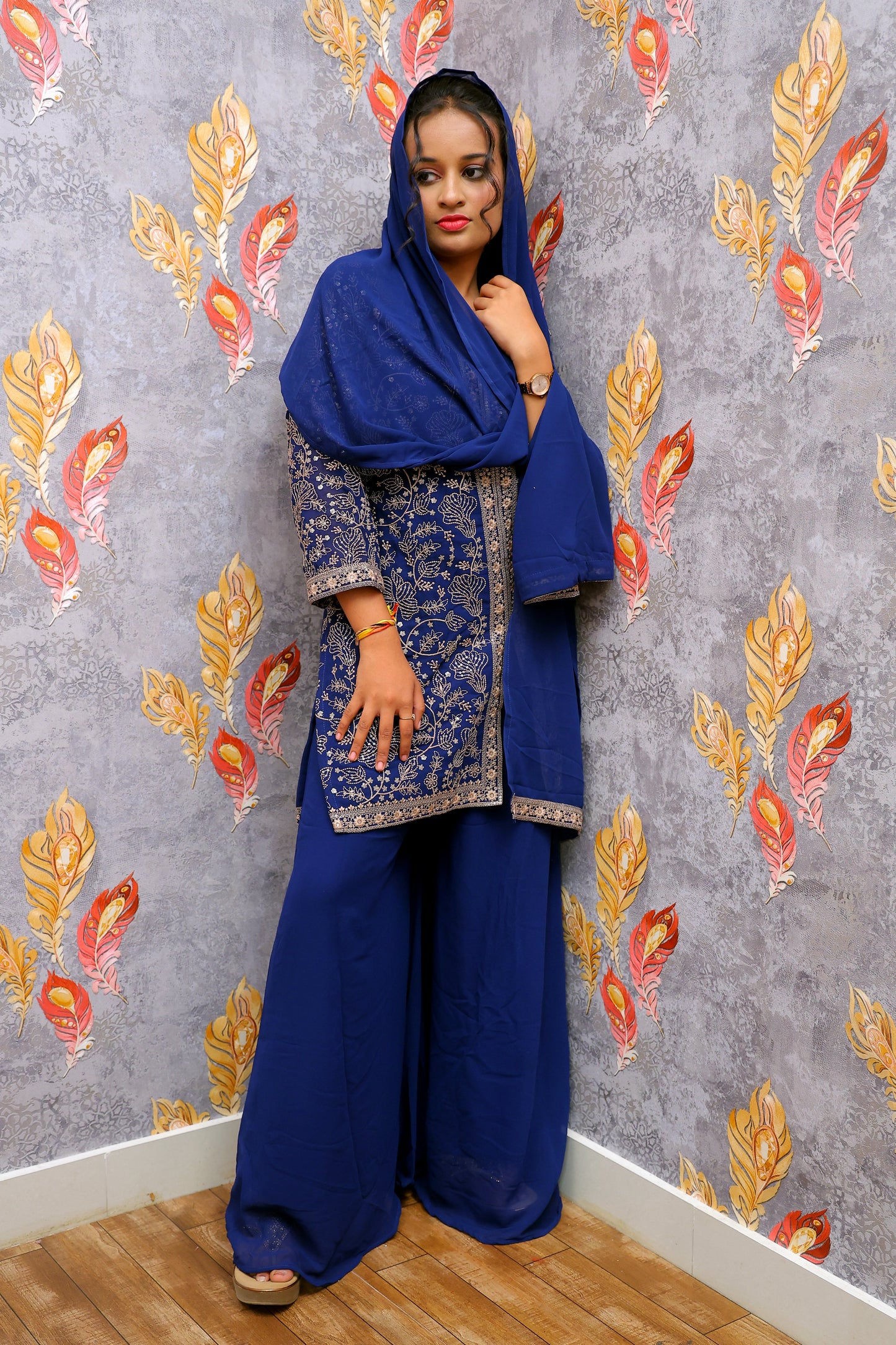 Dark Blue Crop Top With Silver And Gold Embroidered Design For Women & Girls