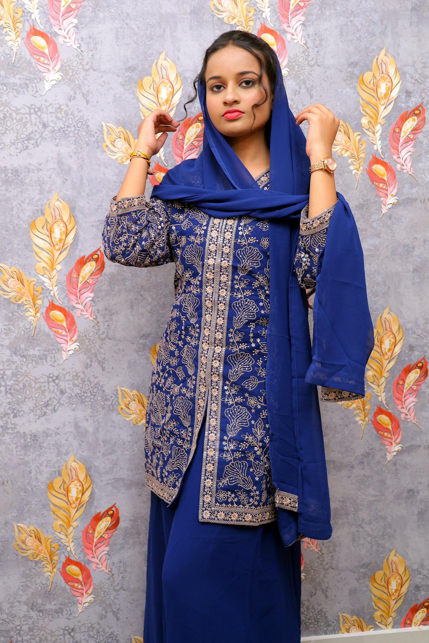 Dark Blue Crop Top With Silver And Gold Embroidered Design For Women & Girls