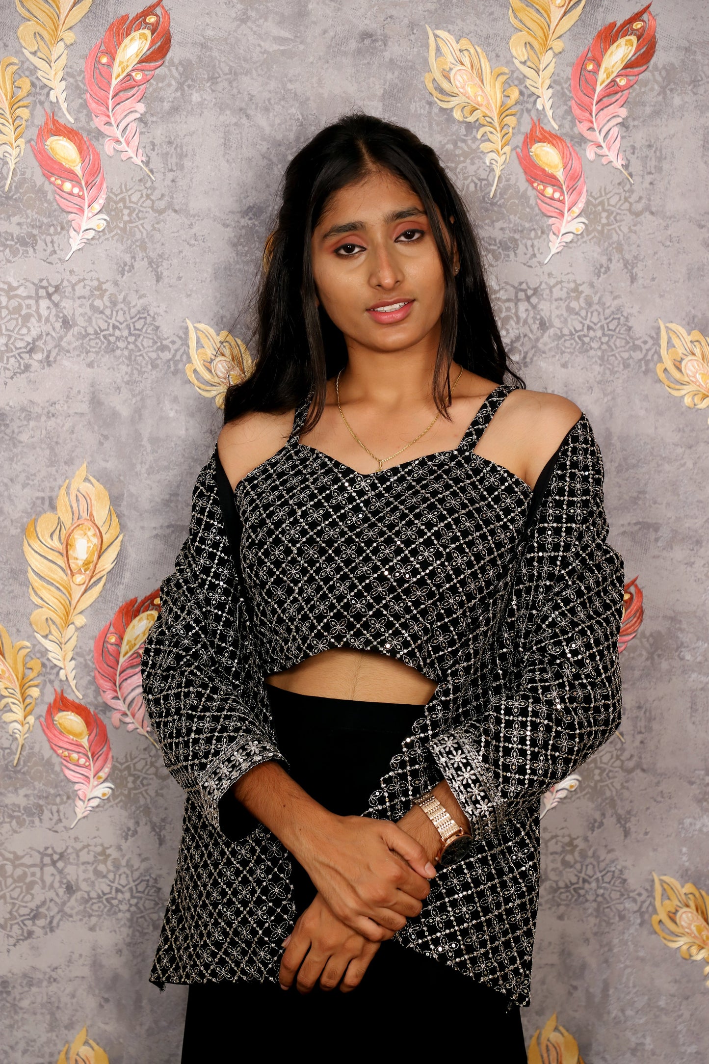 Black Sequined Crop Top With Matching Shrug And Solid Skirt For Women & Girls