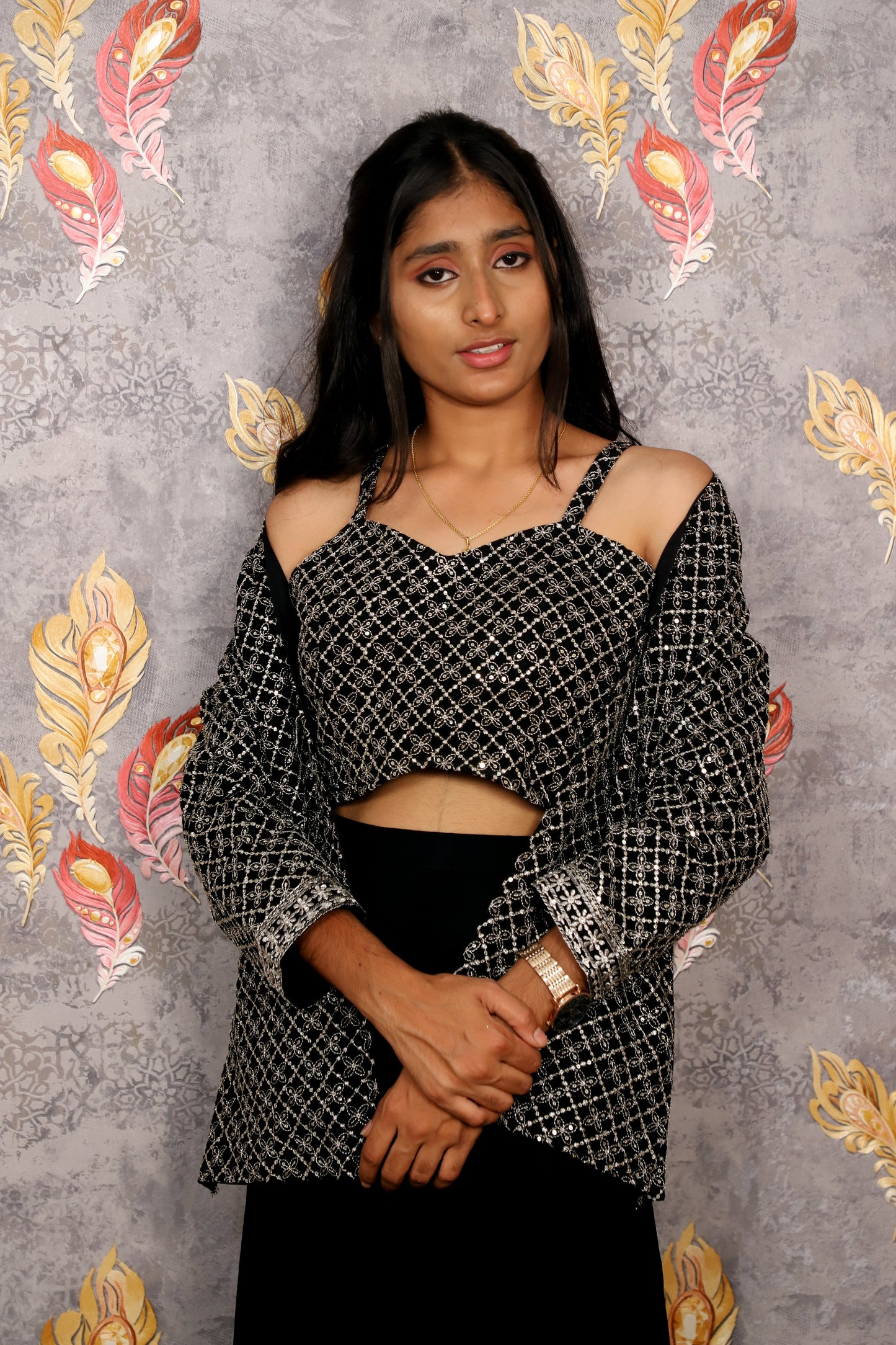 Black Sequined Crop Top With Matching Shrug And Solid Skirt For Women & Girls