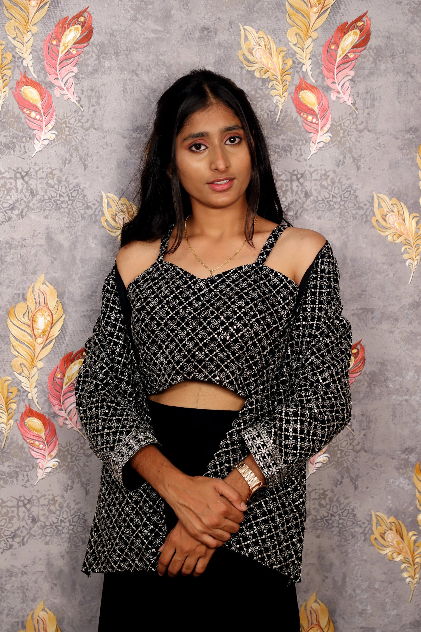 Black Sequined Crop Top With Matching Shrug And Solid Skirt For Women & Girls