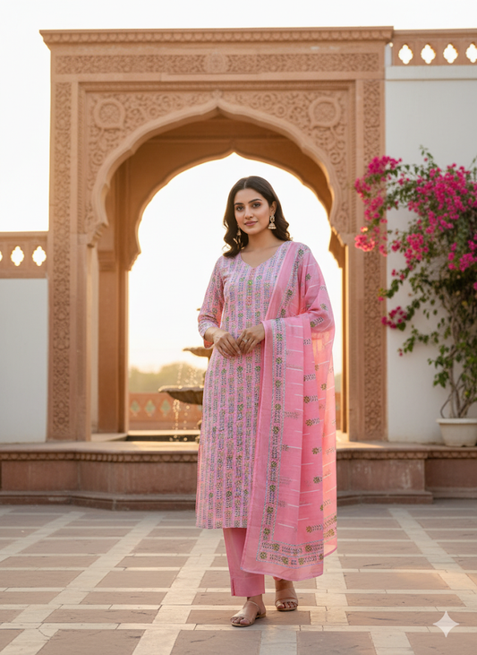 Pink And White 3 Piece Set Cotton Kurti Set For Women