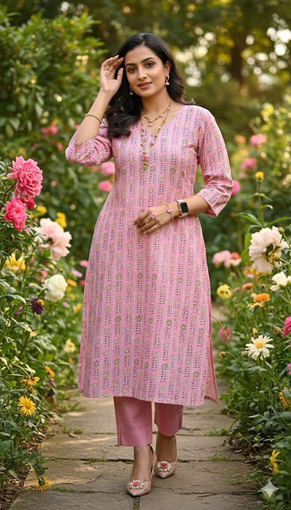 Pink And White 3 Piece Set Cotton Kurti Set For Women