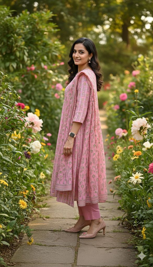 Pink And White 3 Piece Set Cotton Kurti Set For Women