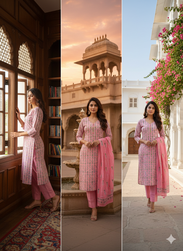 Pink And White 3 Piece Set Cotton Kurti Set For Women