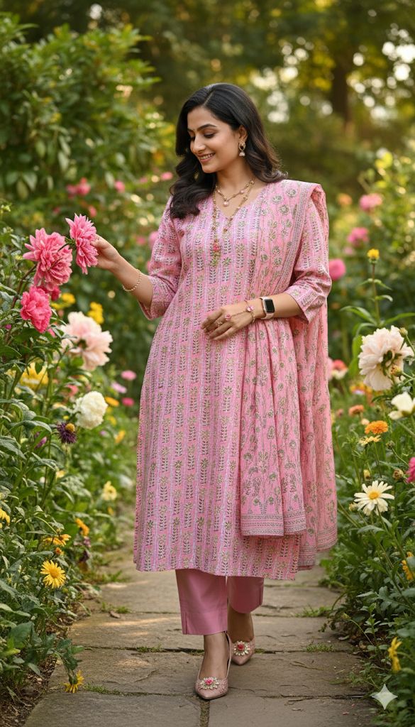 Pink And White 3 Piece Set Cotton Kurti Set For Women