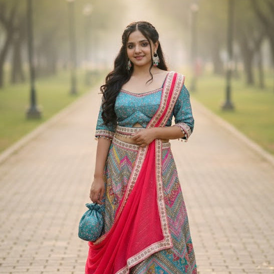 Woman in traditional outfit standing on a pathway with trees in the background