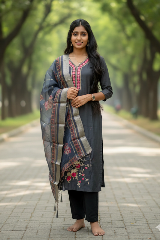 Grey Embroidered Salwar Suit With Chiffon Dupatta For Women & Girls