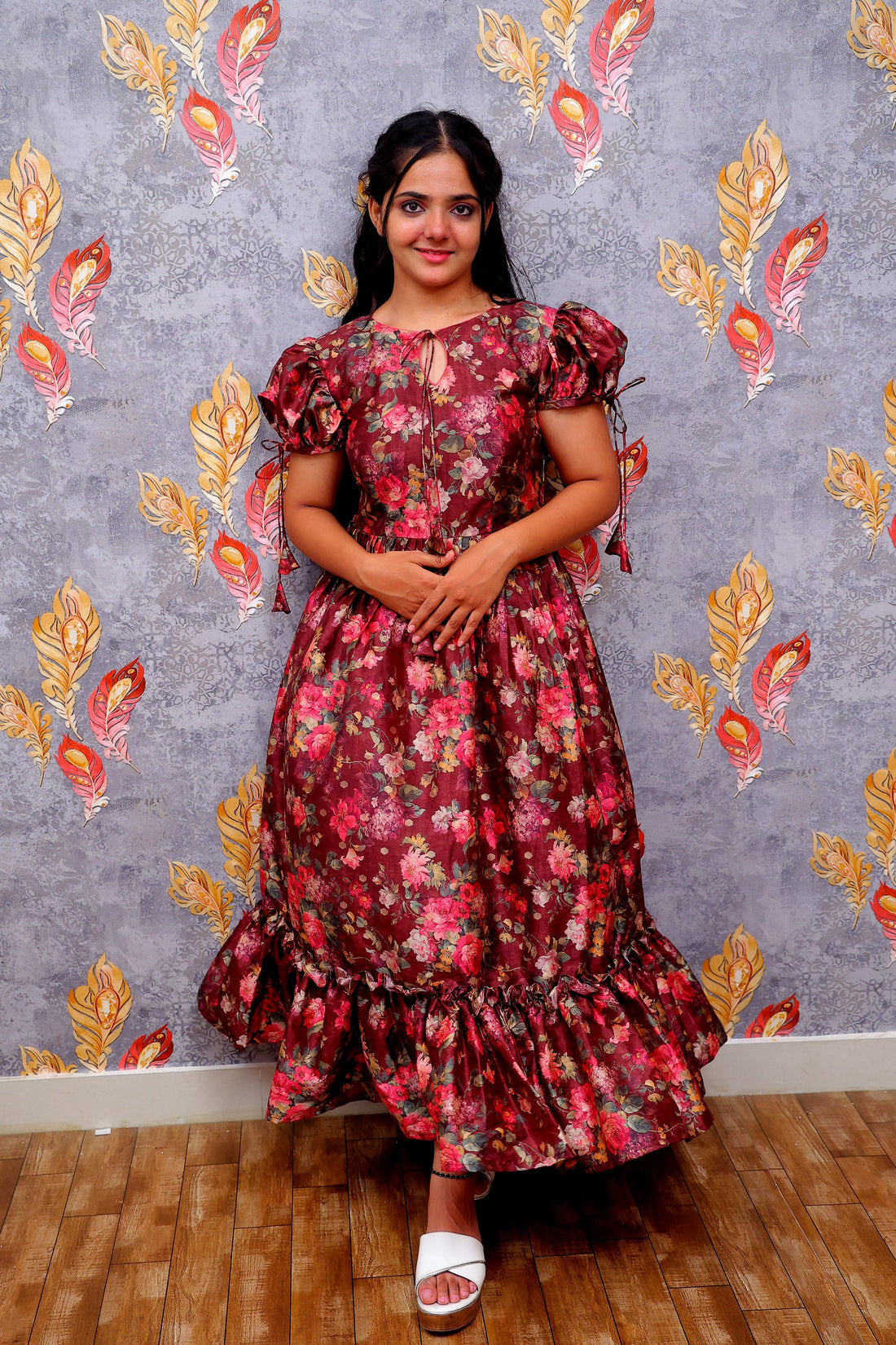 Maroon Floral Print Frock For Women & Girls