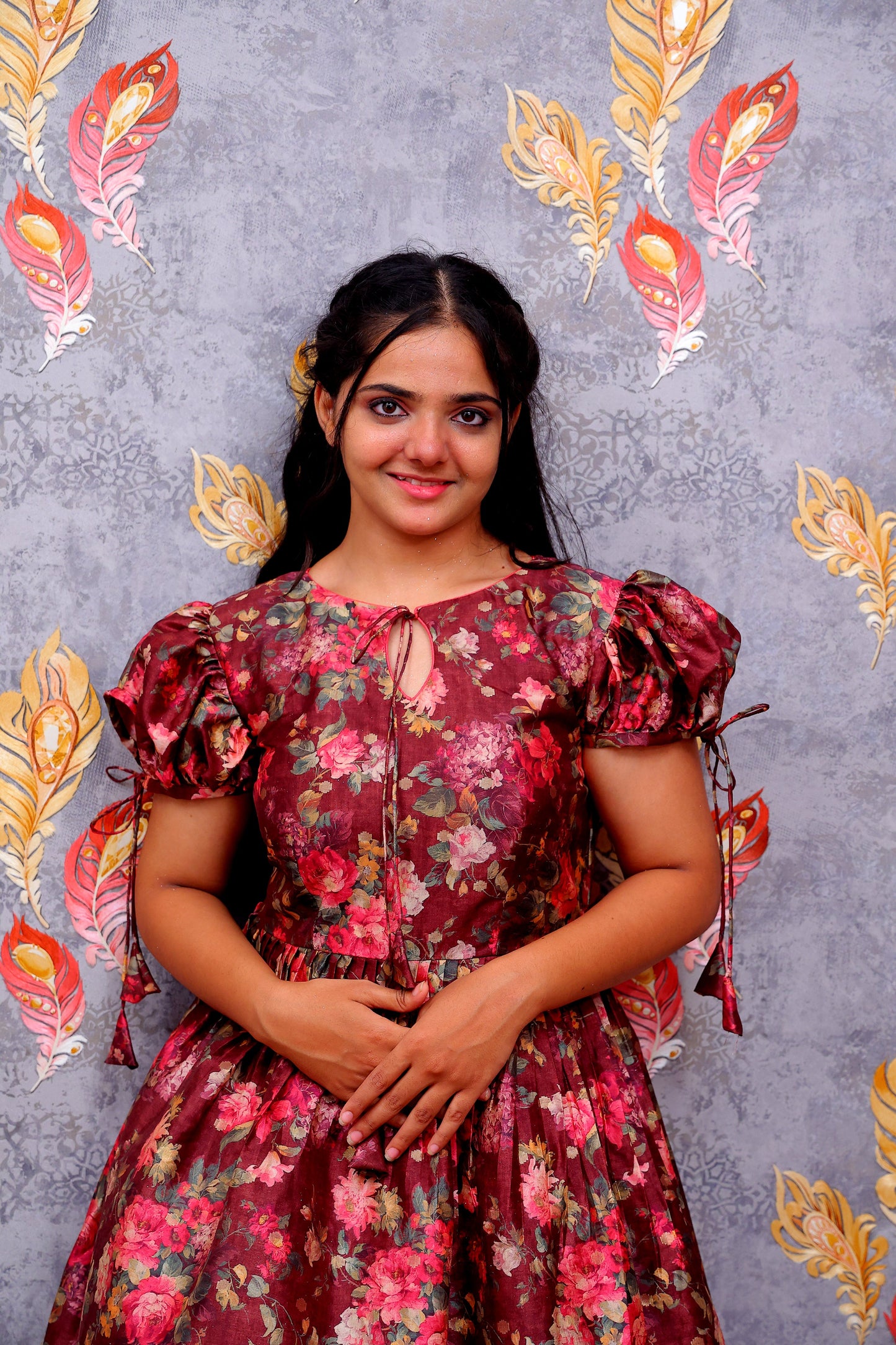 Maroon Floral Print Frock For Women & Girls