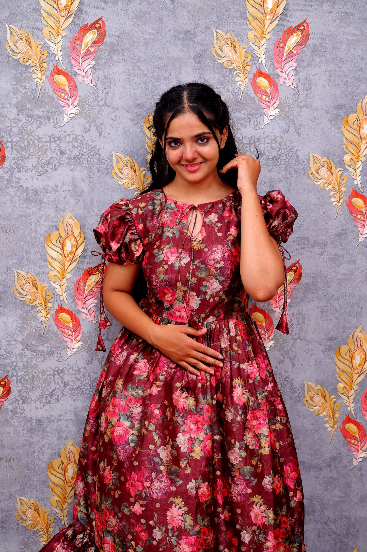 Maroon Floral Print Frock For Women & Girls