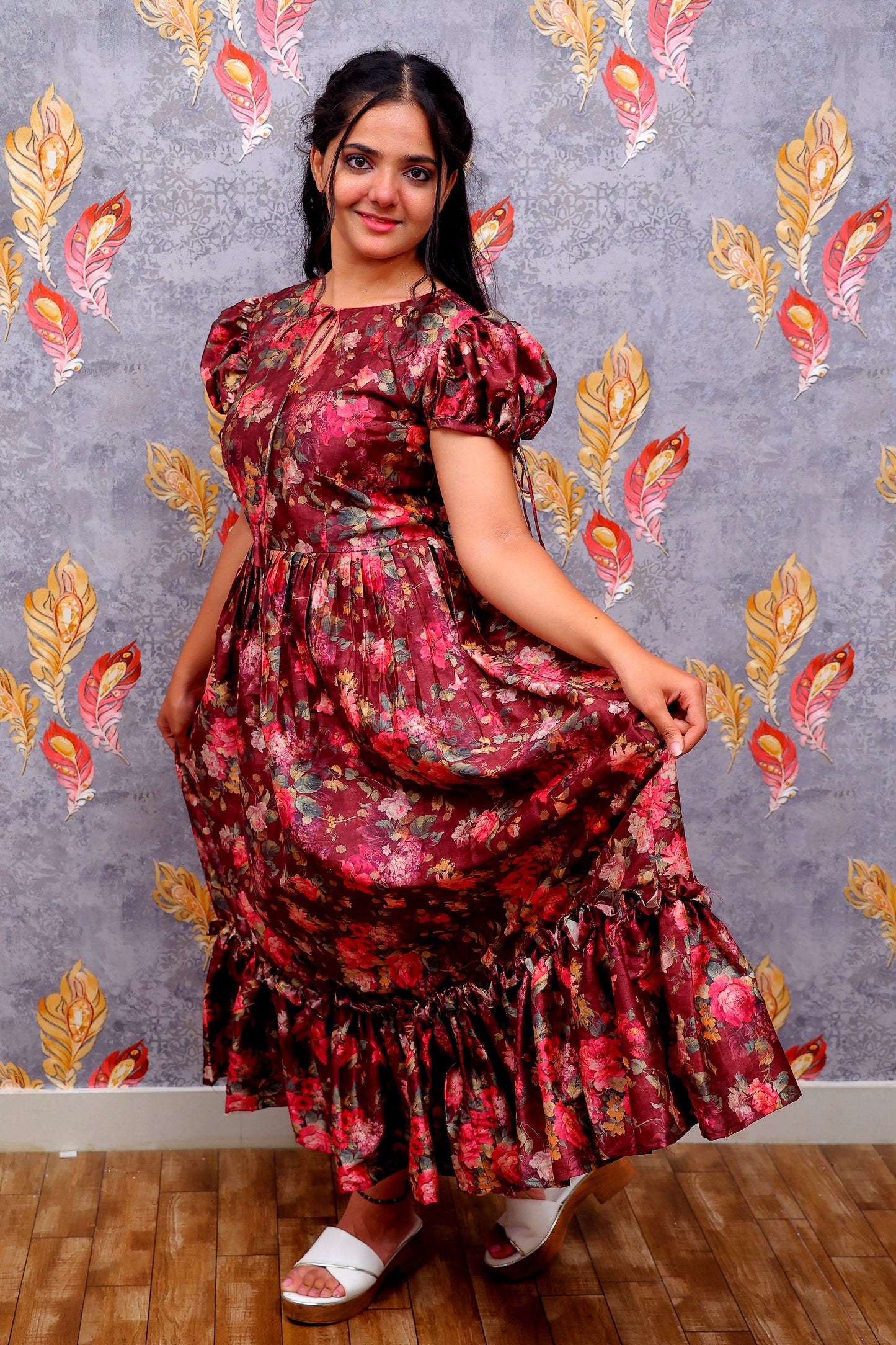 Maroon Floral Print Frock For Women & Girls
