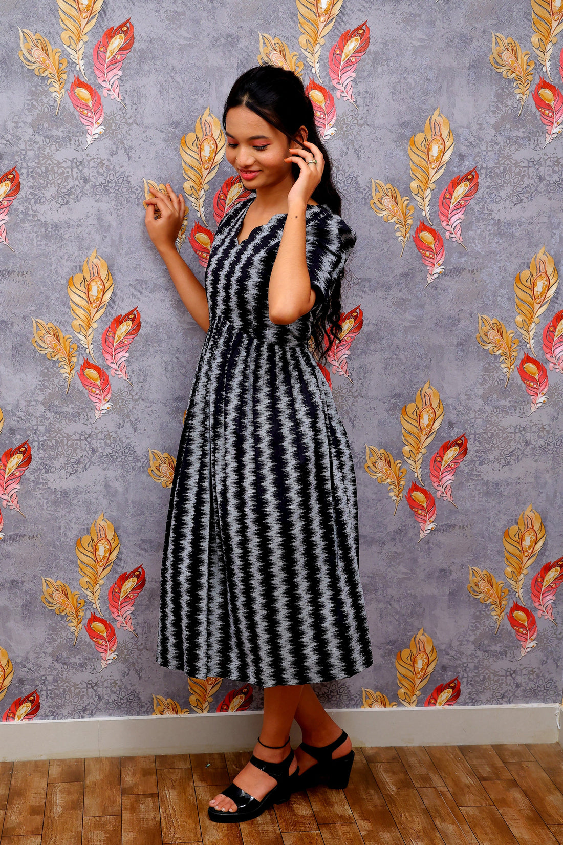 Black & White Zigzag (Chevron) Pattern Frock For Women & Girls - Aira Fabrics Designer Studio