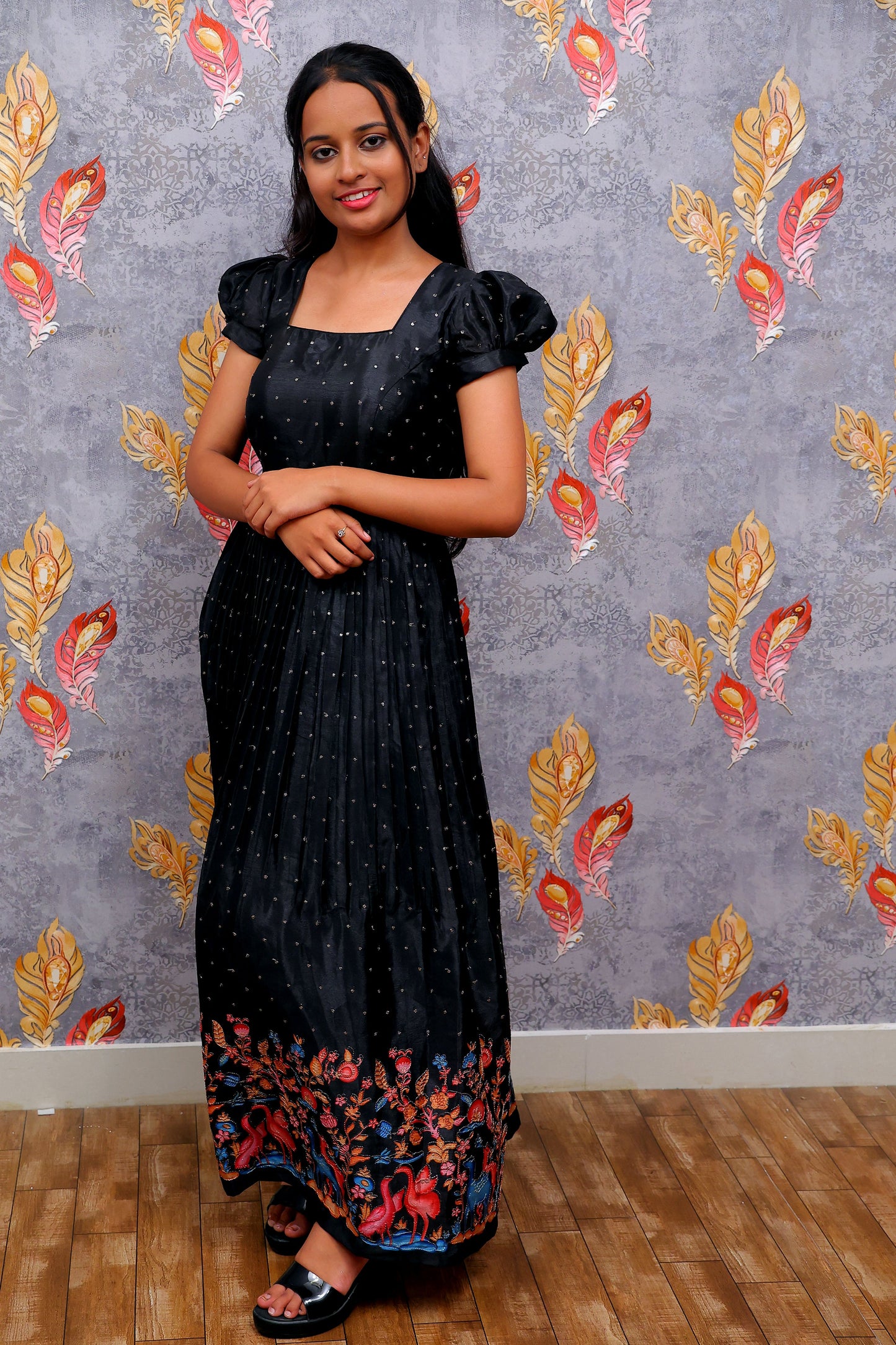 Black Frock Dress With Floral Border For Women & Girls