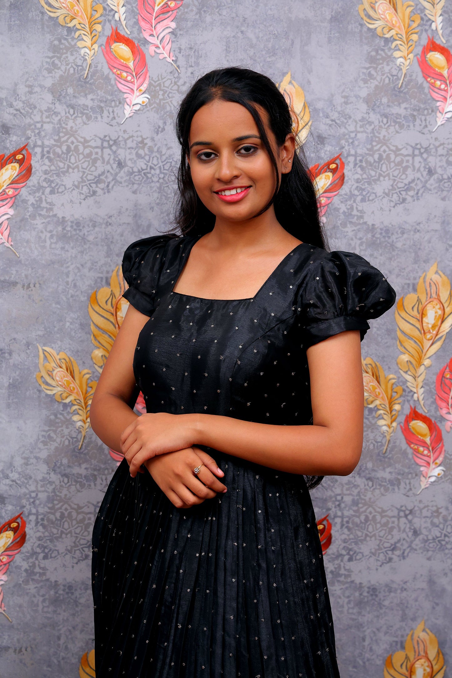 Black Frock Dress With Floral Border For Women & Girls