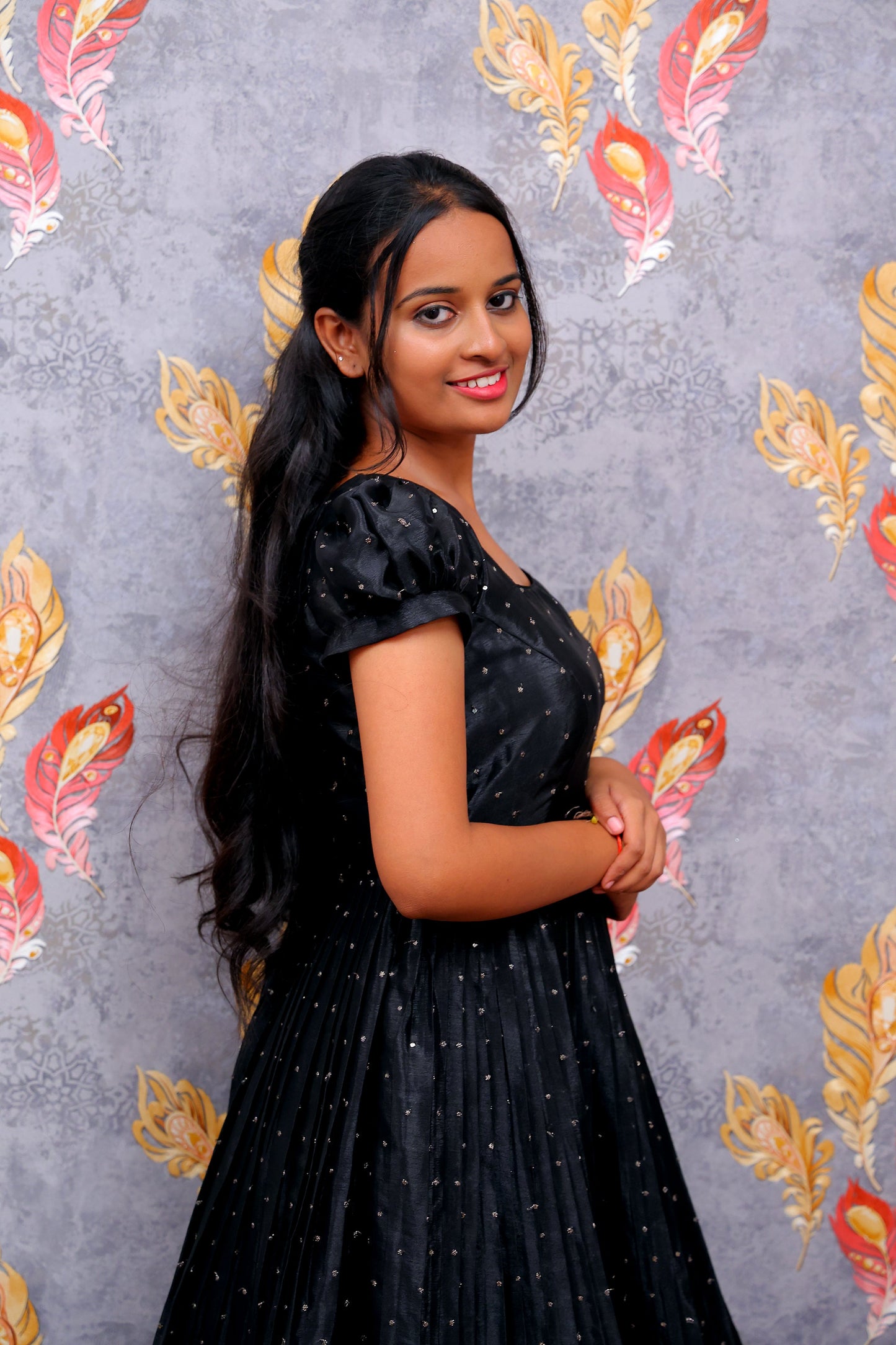 Black Frock Dress With Floral Border For Women & Girls