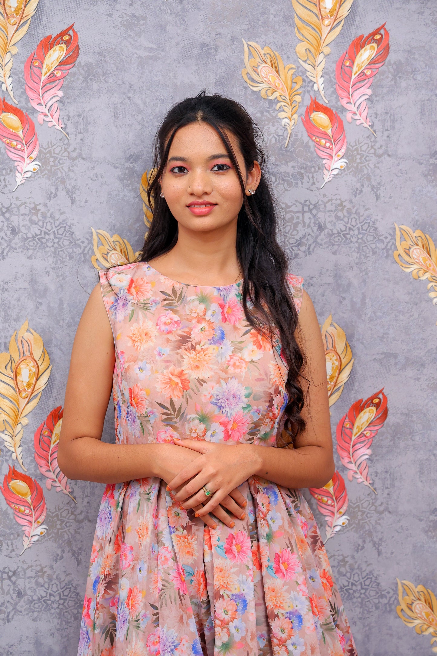 Beige Floral Pattern Frock For Women & Girls