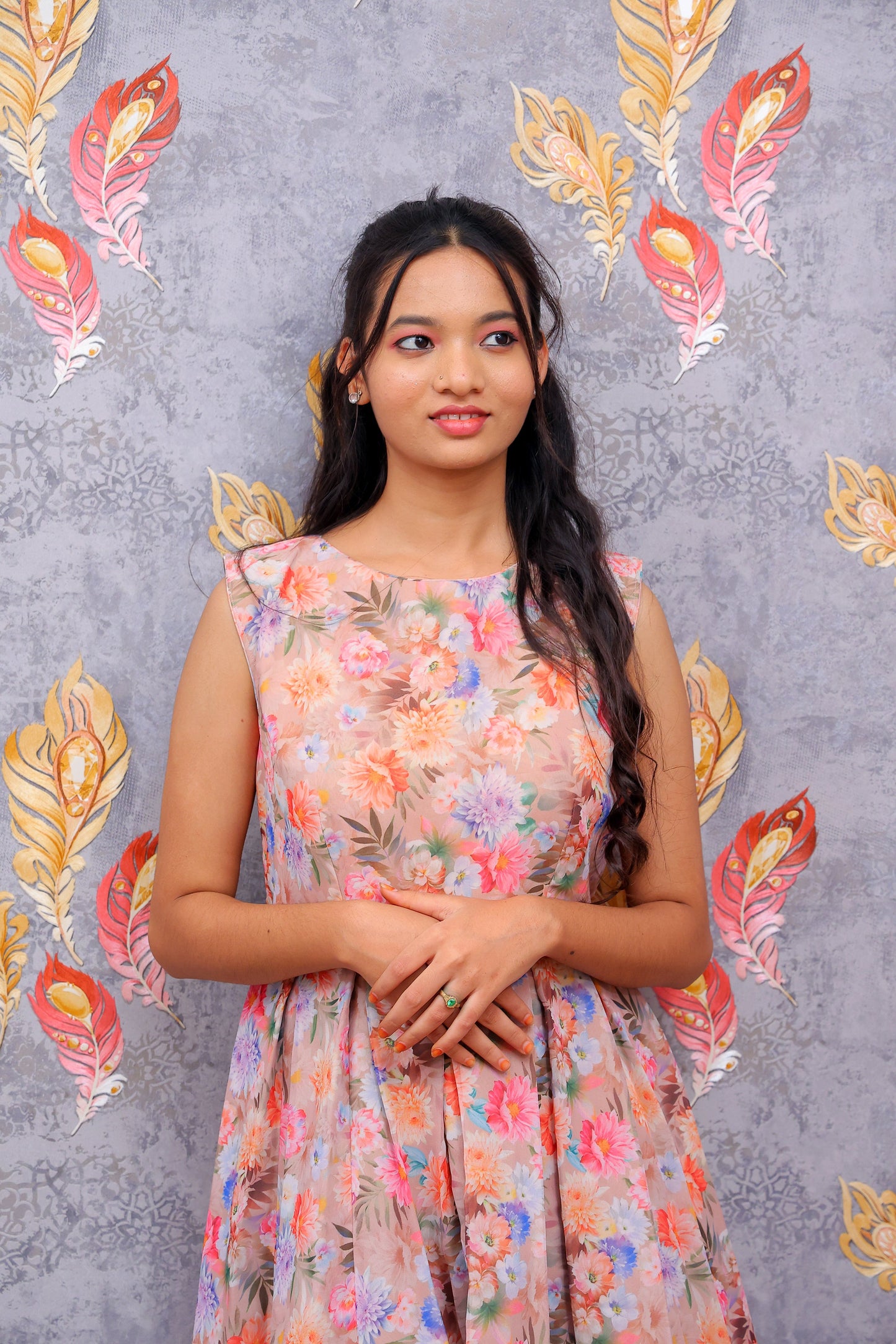 Beige Floral Pattern Frock For Women & Girls