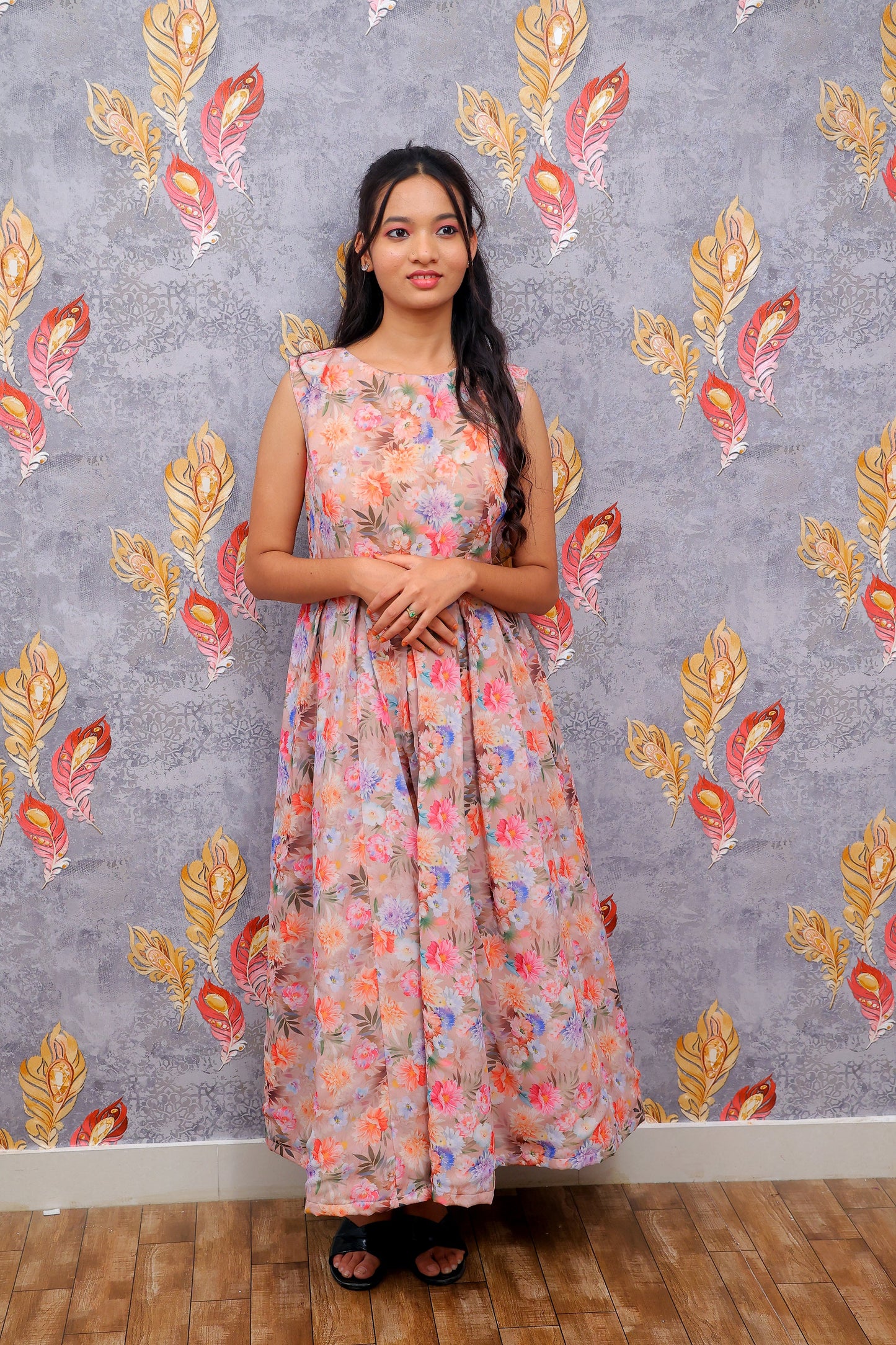 Beige Floral Pattern Frock For Women & Girls