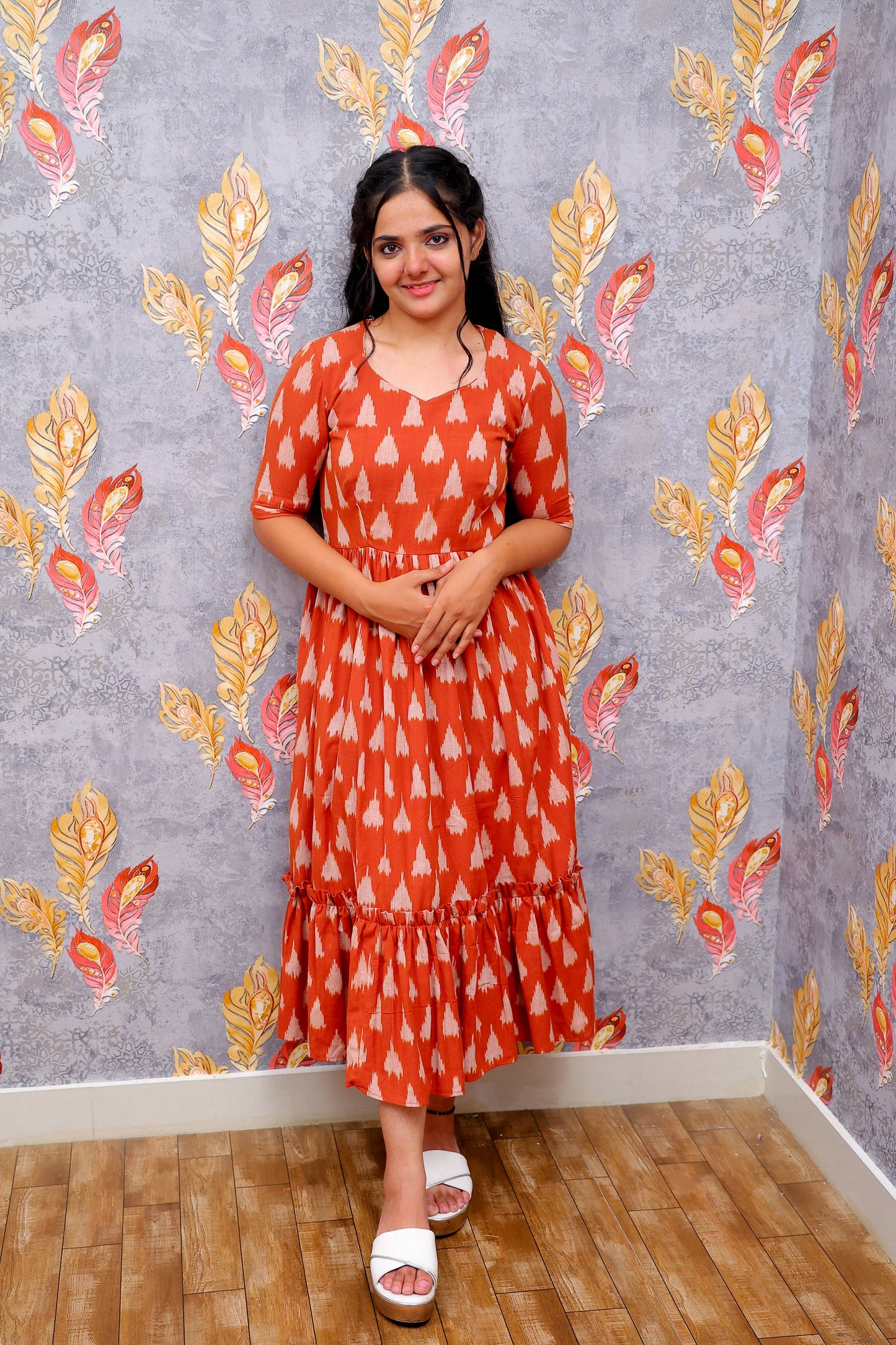 Brown V-Neck, Tiered Midi Dress With A White Print Frock For Women & Girls