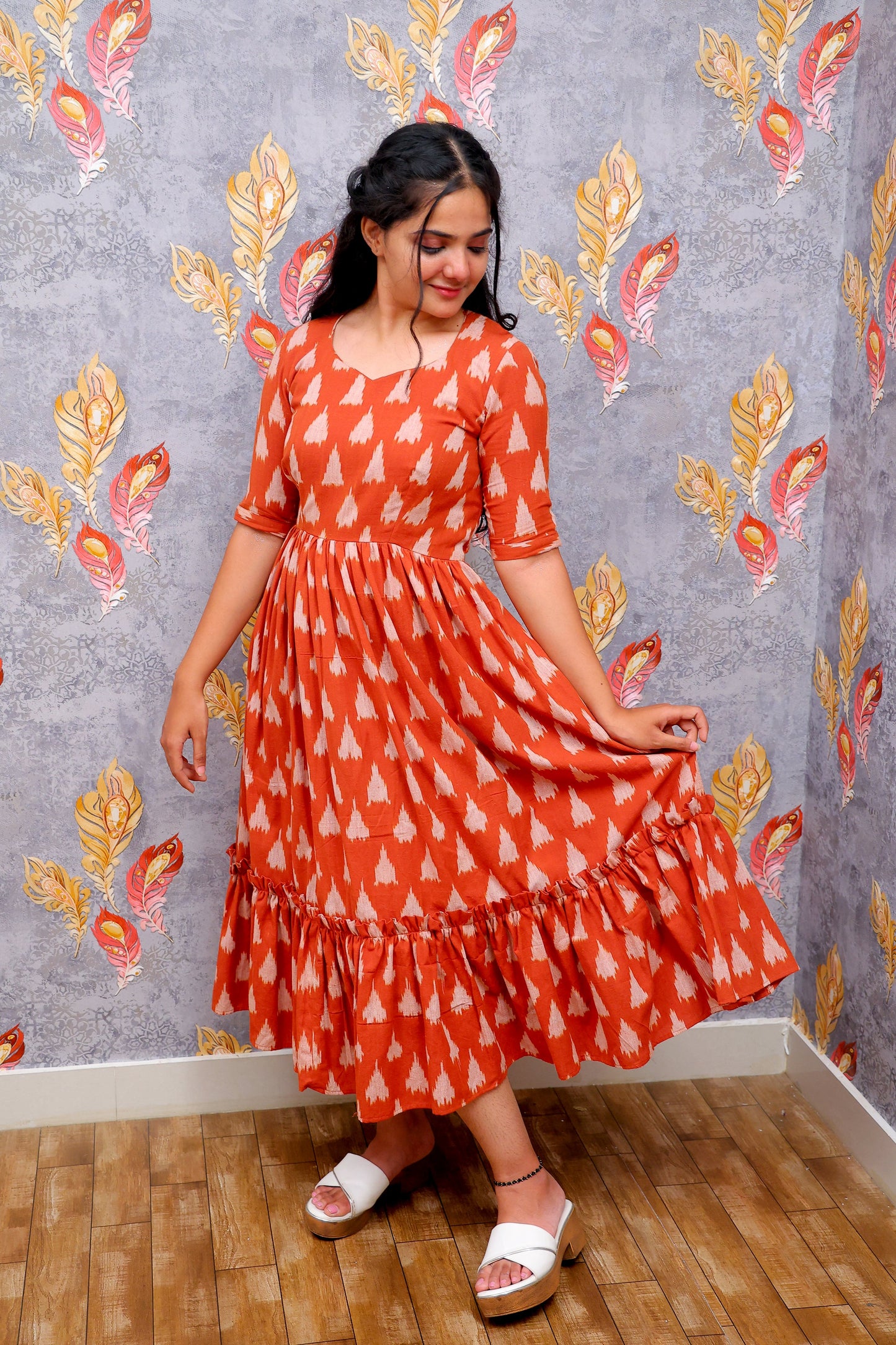 Brown V-Neck, Tiered Midi Dress With A White Print Frock For Women & Girls