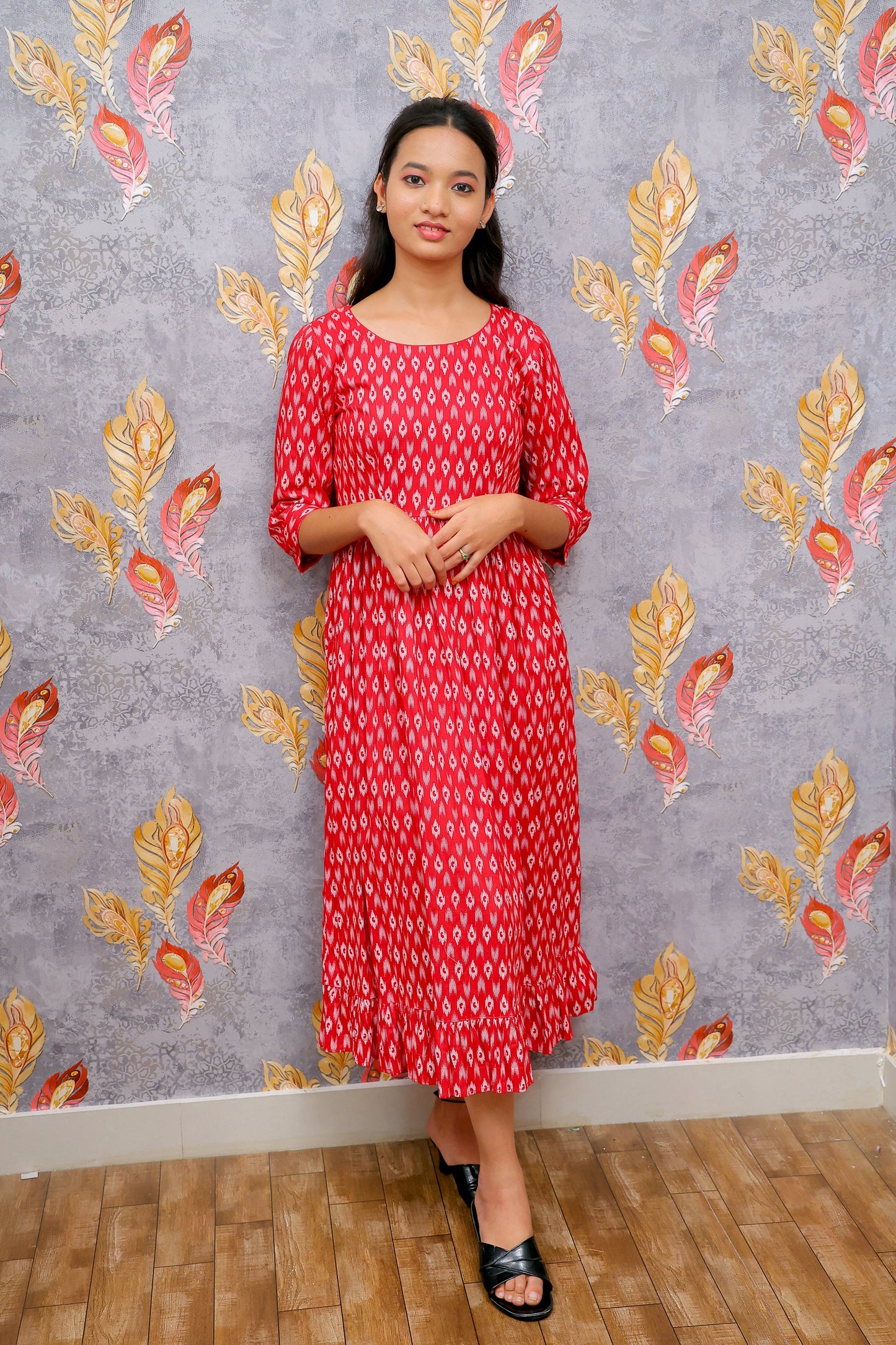 Vibrant Red Red Ethnic Motif Frock For Women & Girls