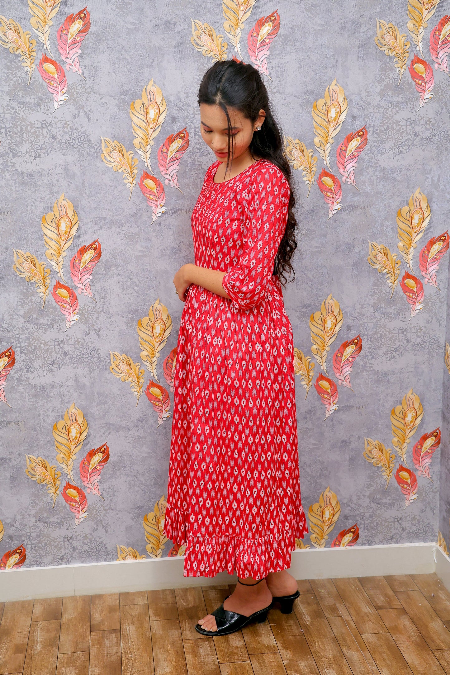 Vibrant Red Red Ethnic Motif Frock For Women & Girls