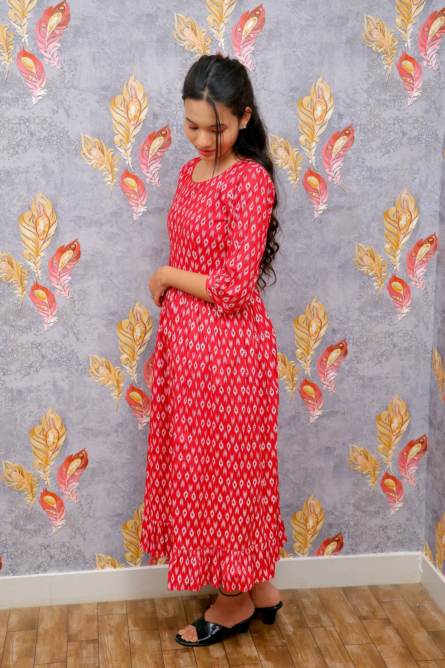 Vibrant Red Red Ethnic Motif Frock For Women & Girls