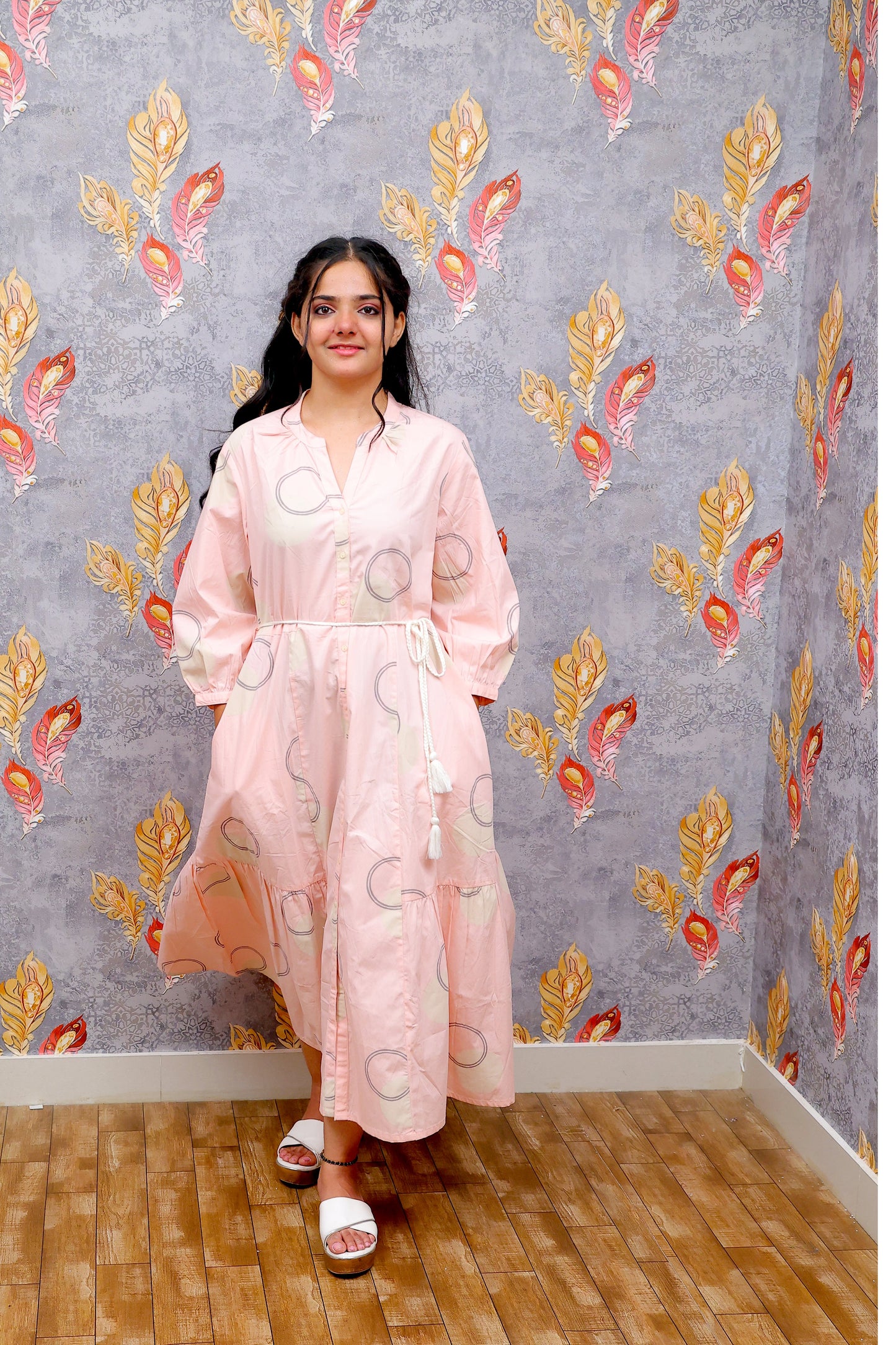 Pink Shirt Frock With Button-Down Front And Self-Tie Belt For Women & Girls