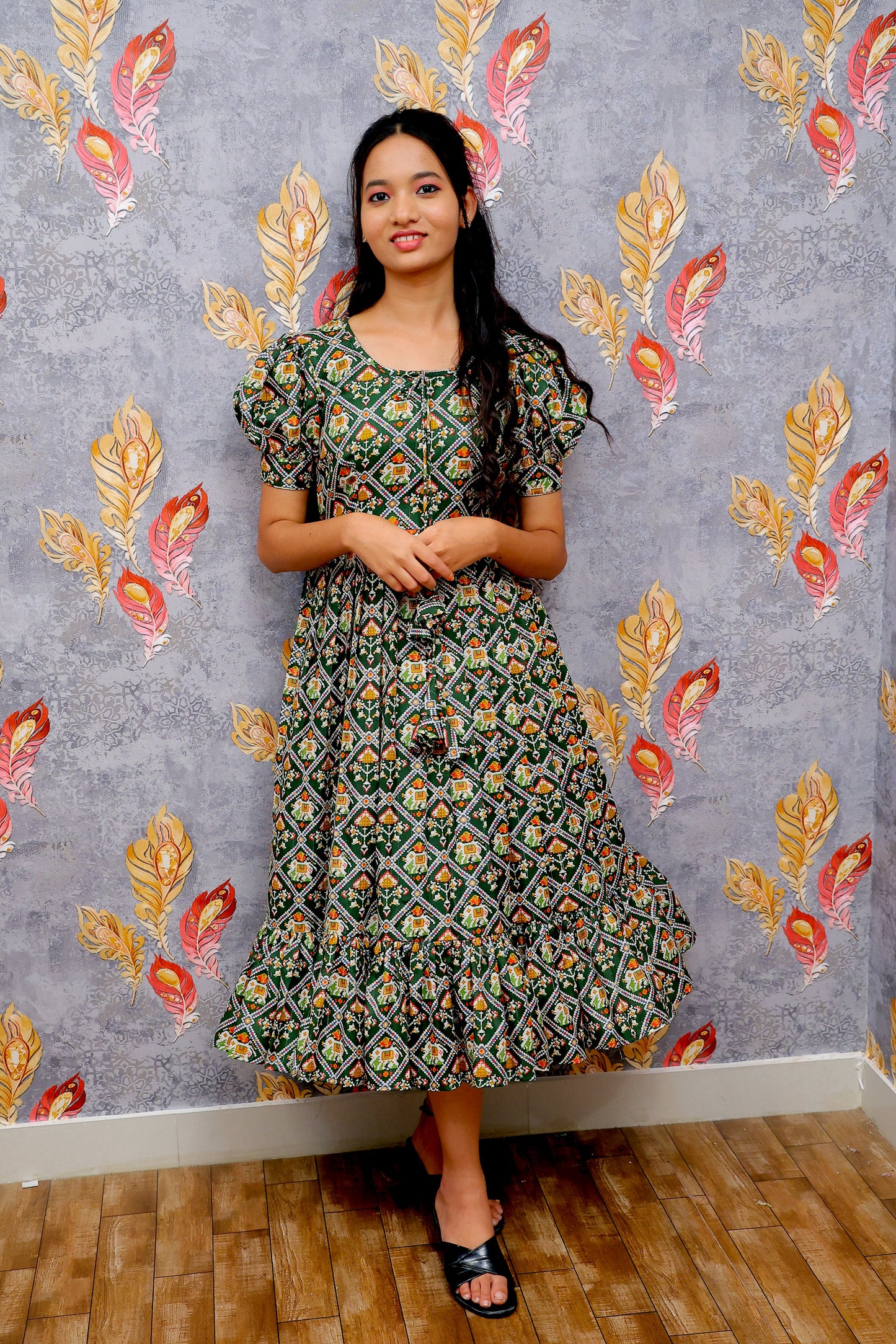 Gold Green Base Frock With Diamond Grid And Floral Motif Print For Women & Girls