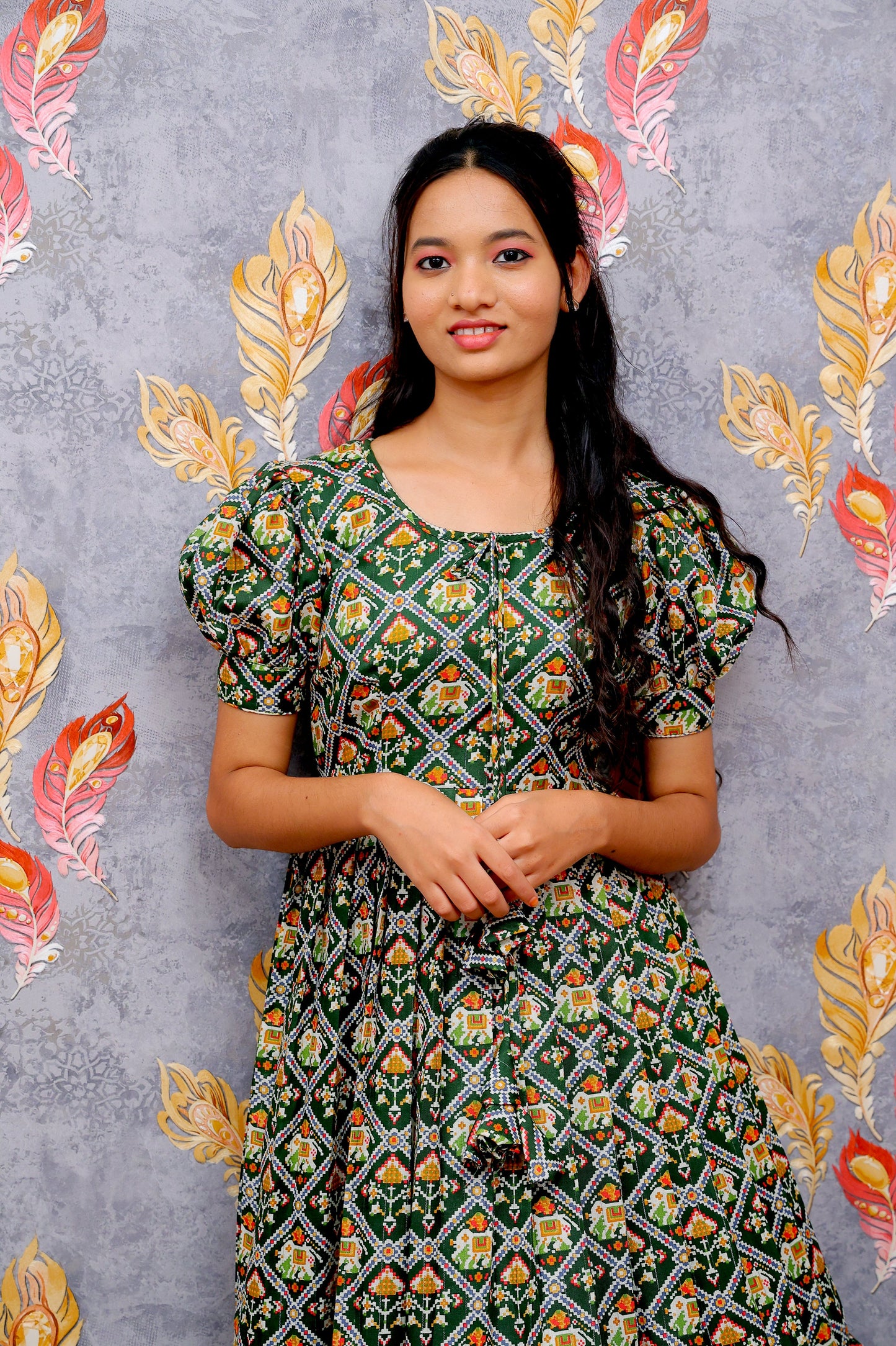 Gold Green Base Frock With Diamond Grid And Floral Motif Print For Women & Girls