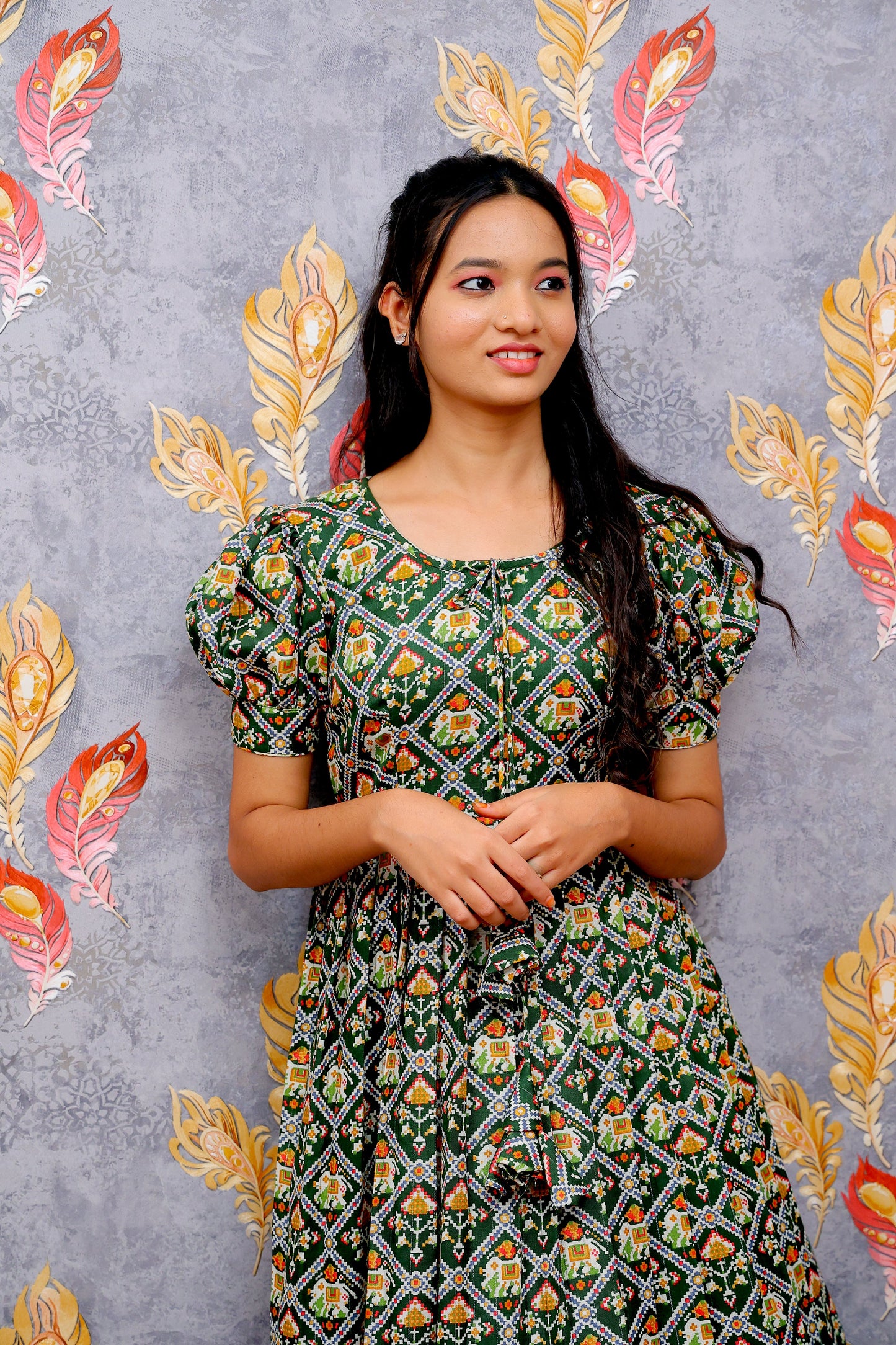 Gold Green Base Frock With Diamond Grid And Floral Motif Print For Women & Girls