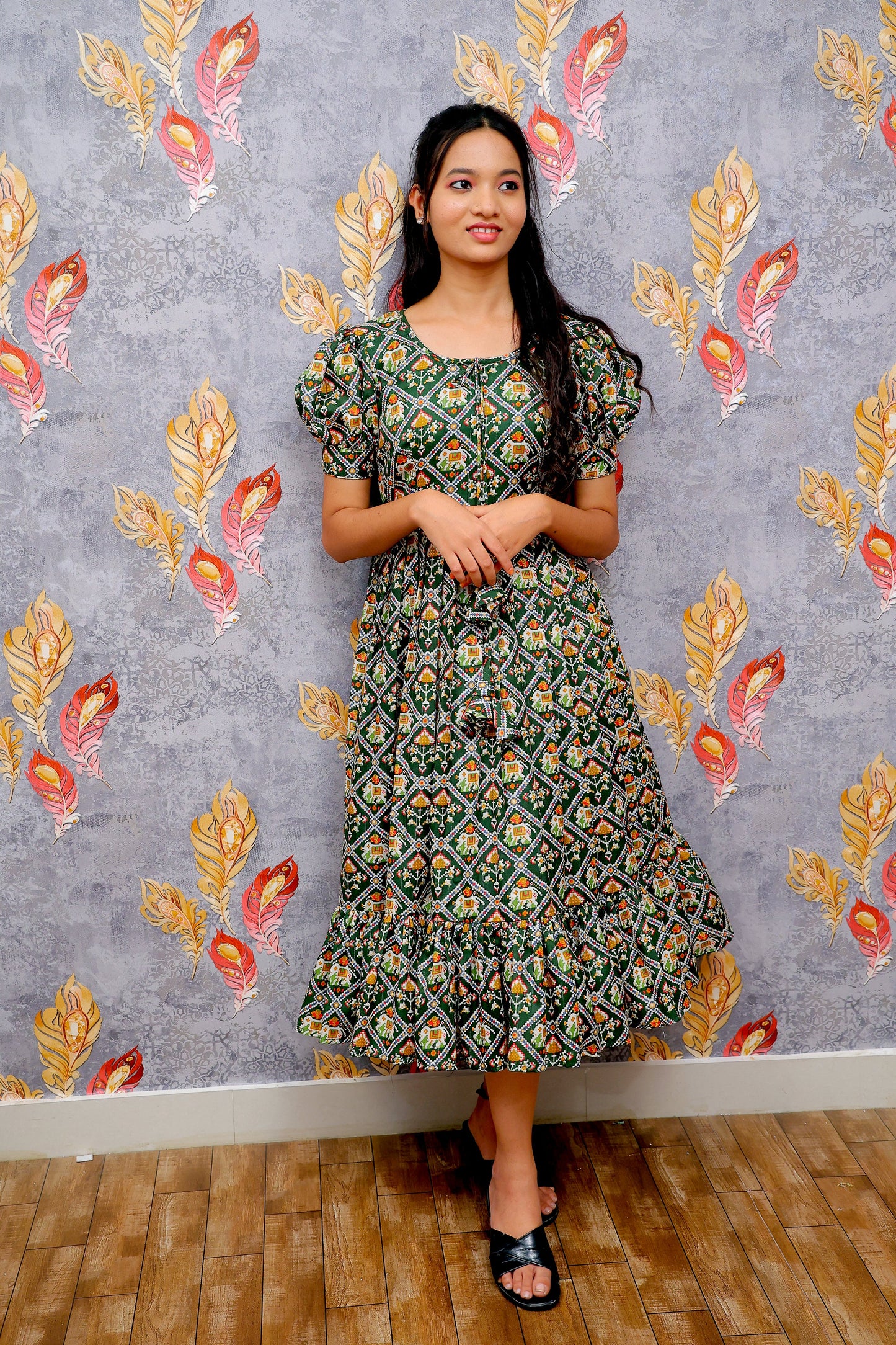 Gold Green Base Frock With Diamond Grid And Floral Motif Print For Women & Girls