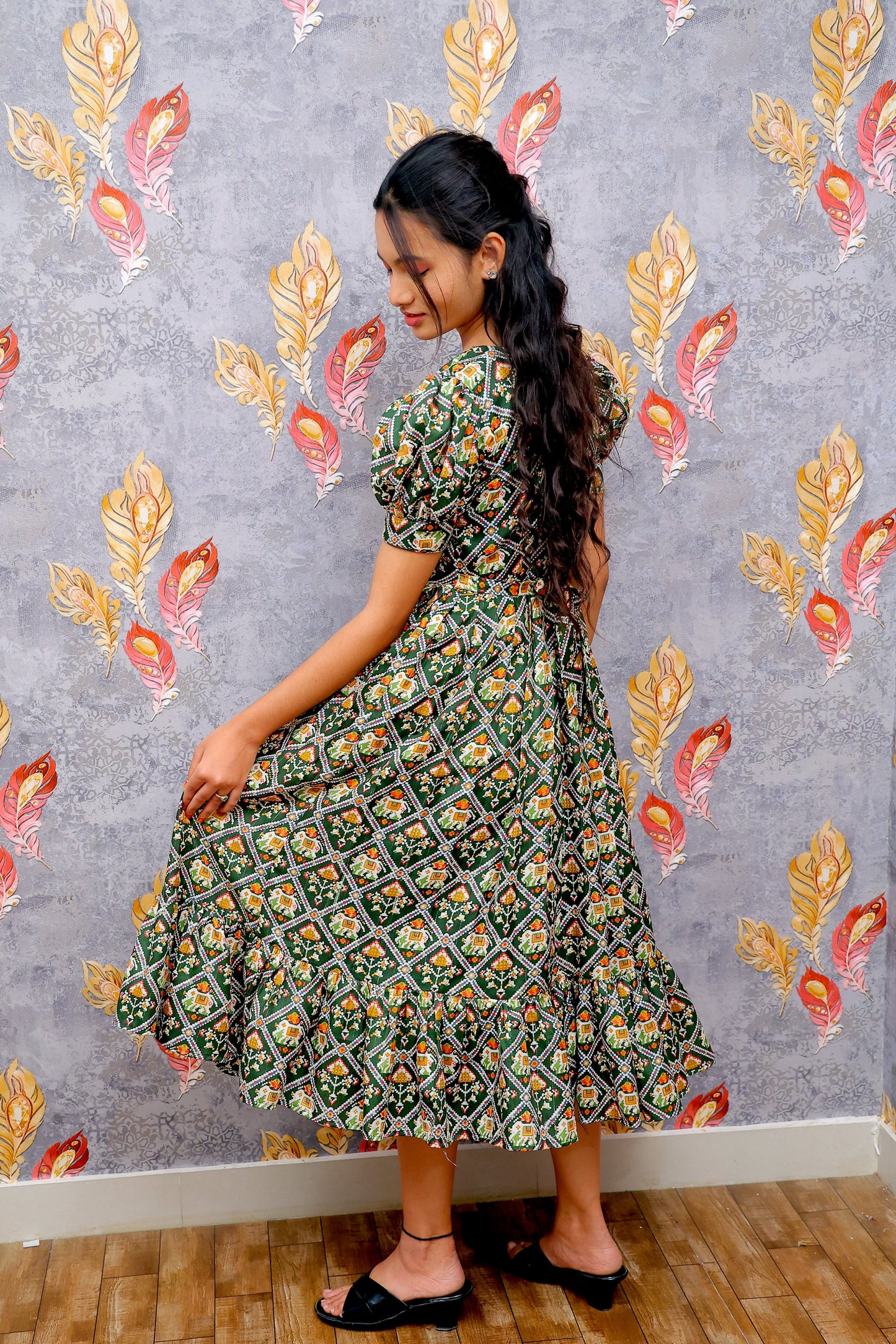 Gold Green Base Frock With Diamond Grid And Floral Motif Print For Women & Girls